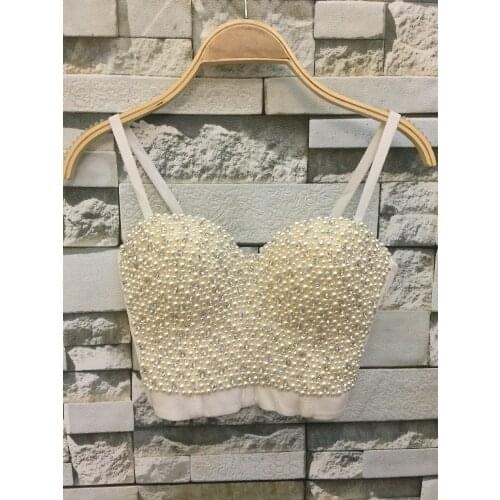 P59 New High-end Hand-made Pearls Jewel Diamond Bralet Womens Corset Bustier Bra Night Club Party Cropped Tops Plus Size