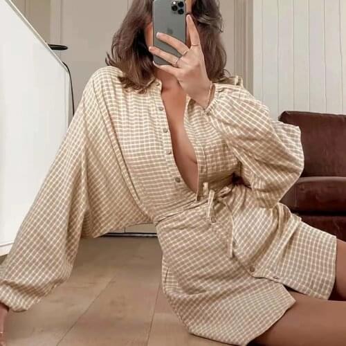 Foridol Cotton Linen Batwing Sleeve Plaid Shirt Dress Women Sash Button Casual Autumn Kahki Short Dress Office Vinatge Dress