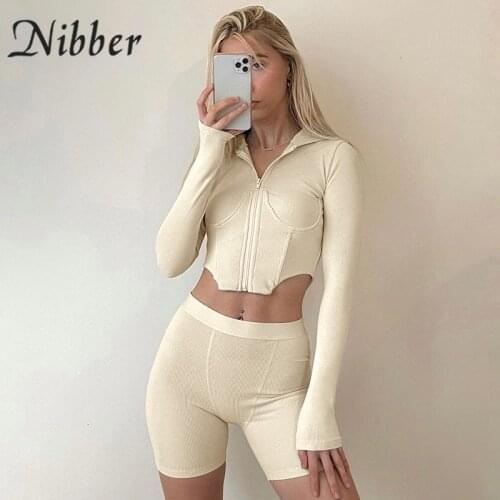 Nibber New Style Casual Solid Color Two-Piece Long-Sleeved Zipper Cardigan Top + Slim Short For Womens Daily Clothes Sportswear