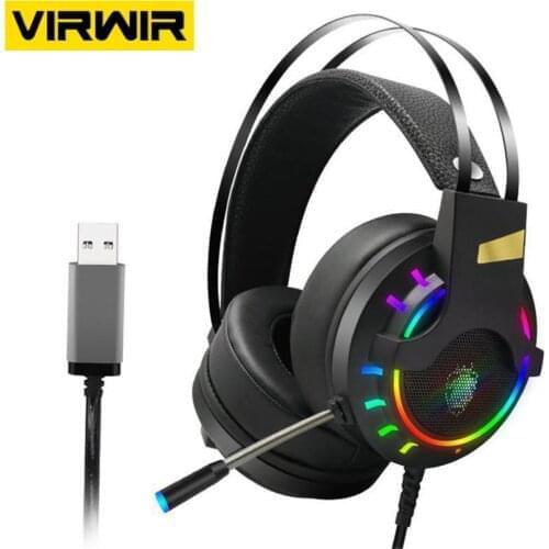 VIRWIR USB 7.1 Stereo Wired Gaming Headsets RGB LED Lighting For PC Laptop Computer PUBG Noise Cancelling Mic Gaming Headphone