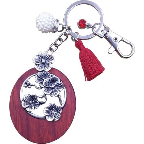 Rosewood Hot Ethnic Handmade Inlay Flower Wood Wooden Keychain Key Ring Tassels Bohemia Women Girl Jewelry Party Gift BY001-004