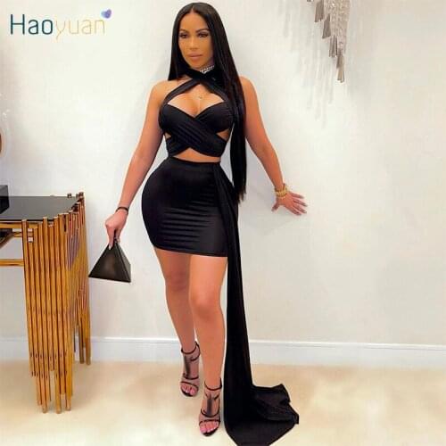 HAOYUAN Sexy Two Piece Club Set Summer Vacation Outfit for Women Bandage Crop Top Bodycon Mini Dresses Night Party Matching Sets