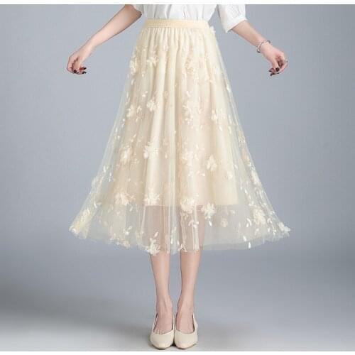 Summer Thin Mesh Pleated Half-length Skirt 2021 Women Korean Elegant High Waist Mid-length A-line Skirts Streetwear Female