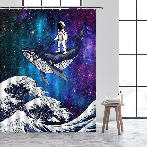 Waterproof Shower Curtains Funny Cat Riding Whale In Ocean Wave Pattern Creativity Child Bathroom Decor Hooks Cloth Bath Curtain