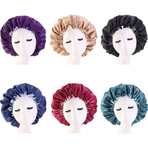 Women Reversible Satin Night Sleep Hat Elastic Double Layer Adjustable Cap Hair Loss Curly Springy Hair Styling Cap Big Beanies