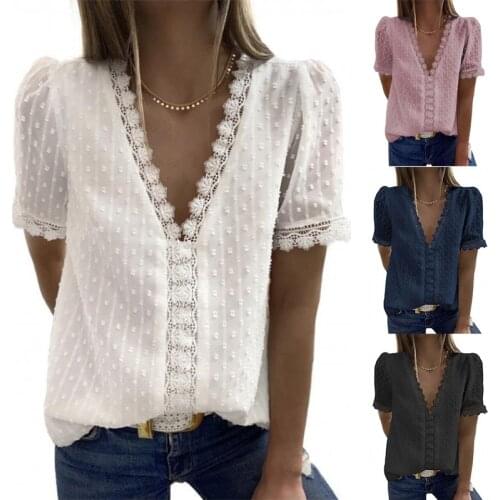 Summer New 2021 Women Sexy Lace Patchwork V-neck Chiffon Shirts Ladies Short Sleeve Hollow Out Casual Loose Tops Blouse Shirts