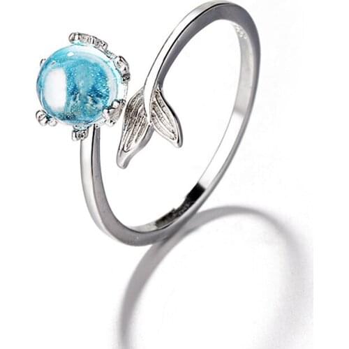 Japan And South Korea Silver Color Blue Crystal Mermaid Bubble Open Rings For Women Creative Fashion Jewelry