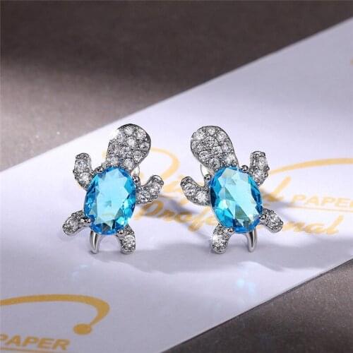 Huitan Lovely Tortoise Shaped Stud Earrings with Sky Blue CZ Stone Women Stylish Accessories for Dance Party Cute Girls Jewelry
