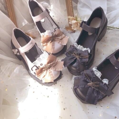 Dark Gothic Womens Loafers Lolita Shoes Round Head Platform Punk Cosplay Anime Japanese Loli Kawaii Goth Lolita Mid Heels 5.5cm