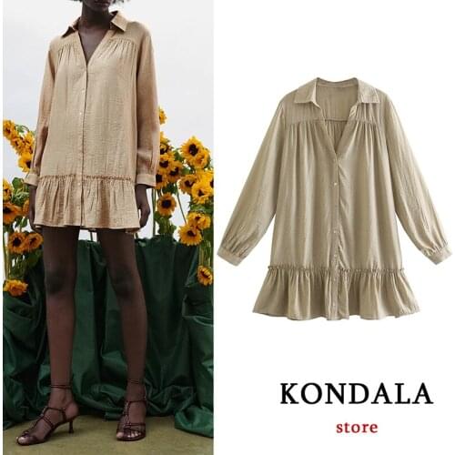 KONDALA Za 2021 Casaul Mini Shirt Dress Women Long Sleeve Ruffles V Neck Dress Single Button Elegant Summer Vestidos