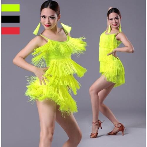 Girls Women Modern Ballroom Latin Dance Dress Tassel Fringe Salsa Tango Dance Costume Sexy Red Black Performance Stage Wear