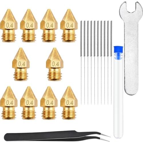 10PCS 0.4mm 3D Printer Nozzles Extruder Nozzles for MK8 + 10 PCS Stainless Steel Nozzle Cleaning Needles, 1 Tweezers 7 1 Wrench