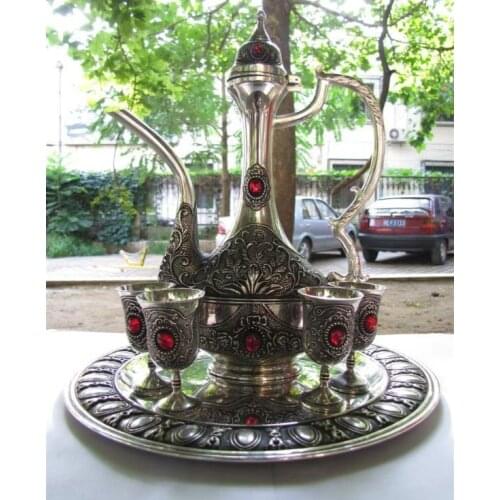 Teapot > Tibetan silver a flagon 4 cups ruby hand-carved flagon teapot/wine cup Goblet & Pallet tools wedding Decoration Brass