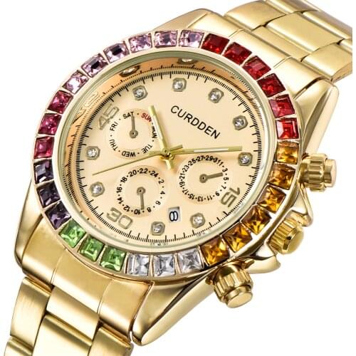 CURDDEN Big Brand Luxury Watches Fashion Stainless Steel Band Date Diamond Quartz Wristwatches Reloj Hombre Acero Inoxidable