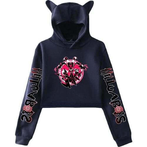Helluva Boss Print Cat Cropped Hoodies Girl Long Sleeve Hooded Pullover Crop Tops Sweet Sexy Loose Tide 2021Y2K Anime Clothing