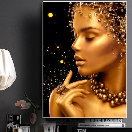 HUILIN Black and Gold Woman Sexy Nude African Art Oil Painting on Canvas Posters and Prints Wall Art Picture for Living Room
