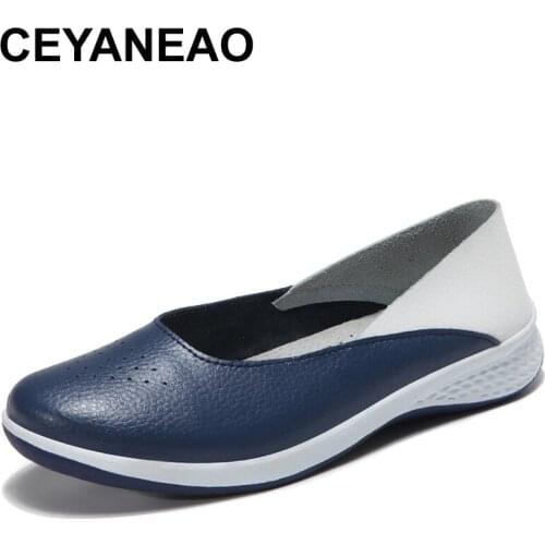 CEYANEAO 2019Summer women Leather Loafers cutout ballet flats shoes female flat nursing Shoes Woman Slip On loafers sliponyE1838