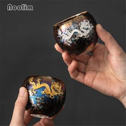 Ceramic Kiln Change Temmoku Glaze Tea Cup Porcelain Inlaid with Golden Dragon Office Teacups Small Water Mug Drinkware 130ML