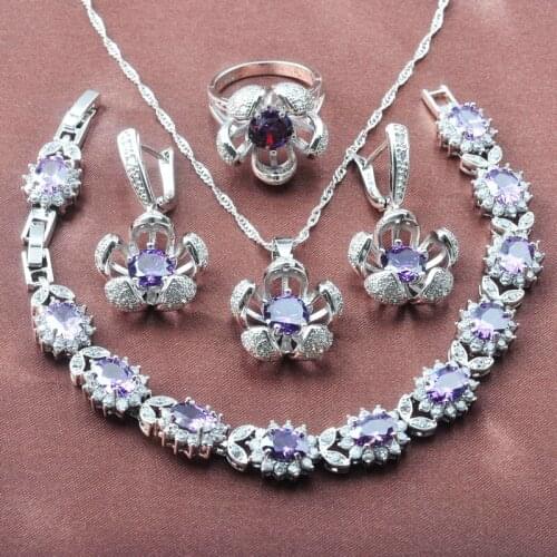 Elegant Purple Crystal Bracelet Jewelry Sets For Women Silver Color Party Wedding Jewelry Earrings and Necklace Rings Set YZ0614