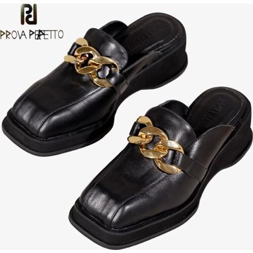 Summer Genuine Leather Casual Muller Shoes Womens New Thick Heel Thick Bottom Square Head Metal Chain Half Slippers