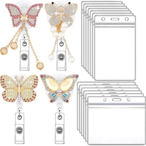 4Pcs Butterfly Retractable Badge Reel Set with 16 Transparent Waterproof ID Card Holder for Nurse Volunteer Student