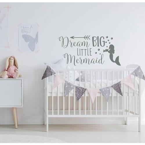 Dream Big Little Mermaid Wall Decal Cartoon Mermaid Wall Stickers For Nursery Quotes Wall Decals Girls Nursery Decor L254