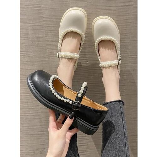 2021 spring and autumn new Japanese cute pearl flat shoes retro small leather shoes Mary Jane womens shoes