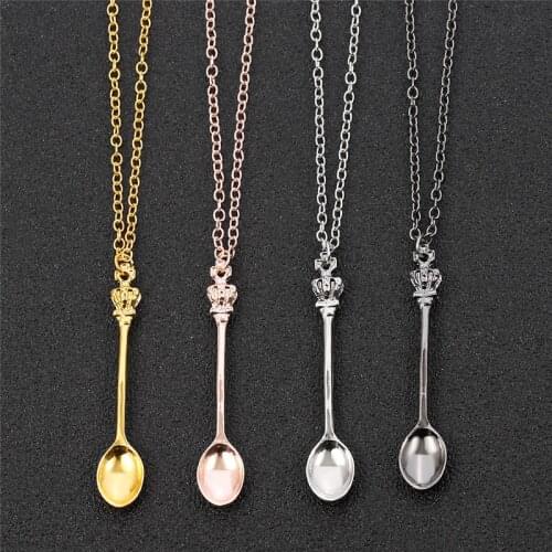 Charm Tiny Tea Spoon Shape Pendant Necklace With Crown For Women 4 Colors Creative Mini Long Link Jewelry Spoon Necklace