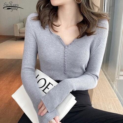 Autumn V-neck Elegant Casual Sweater Womens Thin Long-sleeved Solid Knit Sweater Women Fashion Retro Bottoming Shirt Top 16178