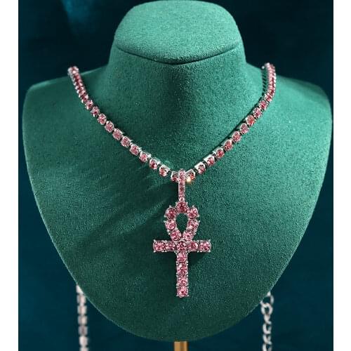 New Hiphop Gold Silver Color Rhinestone Tennis Chain Necklace For Women Punk Pink Crystal Cross Pendant Necklace 2021 Jewelry