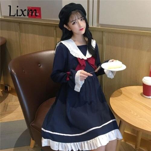 Summer Girl Cartoon Blue White Sailor Collar Dresses School Uniform Girls Preppy Cute Tie Short Sleeve Casual Dress
