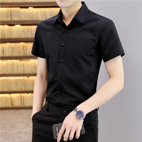 Mens Summer Solid Color Short-Sleeved Casual Cotton+Polyester Shirt Slim Fit Top Shirts Business Formal Wear Blouse Clothing