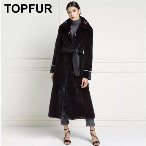 TOPFUR Real Fur Coat Women Natural Mink Fur Coat With Belt Black Jacket Women Genuine Leather Coat Lapel Collar Plus Size Winter
