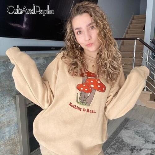 Cartoon Mushroom Print Y2K Loose Sweatshirts Streetwear Casual Vintage Tops Autumn Aesthetic 90s Crewneck Shirts Cuteandpsycho