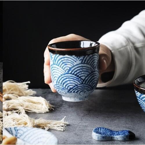 Traditional Chinese Retro Style Handmade 80 and 200ml Under Glazed Painted Ceramic Teacup Wave Pattern Tea Cups H240
