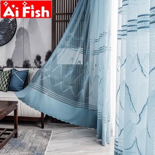 Blue Horizontal Strip Hollow Sheer Voile Mountains and River Pattern Curtains For Bedroom Room Chinese Delicate Tulle Drapes #4