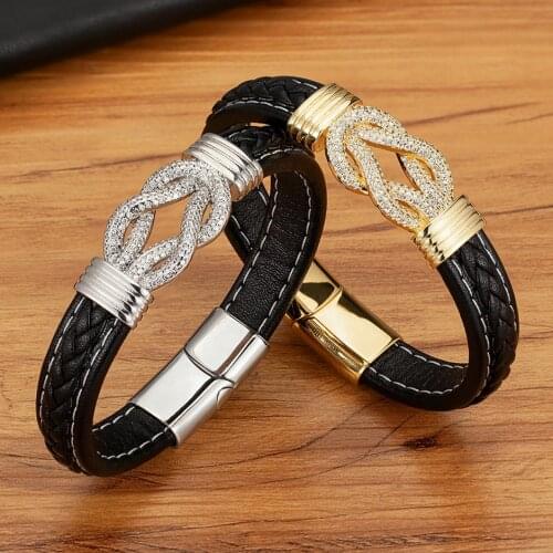 Top Quality Wrap Braided Leather Stainless Steel Bracelet For Men Magnetic Buckle Party Accessories Punk Bangle Crystal Jewelry