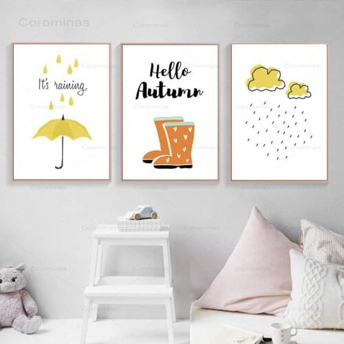 Hello Autumn Wall Picture Children Cartoon Art Print Its Raining Canvas Painting Poster Home Room Decor No Frame