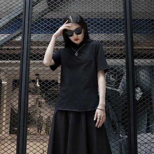Ladies summer hoodie short sleeve T-shirt with hoodie plus size ladies personality dark Yamamoto style trend T-shirt