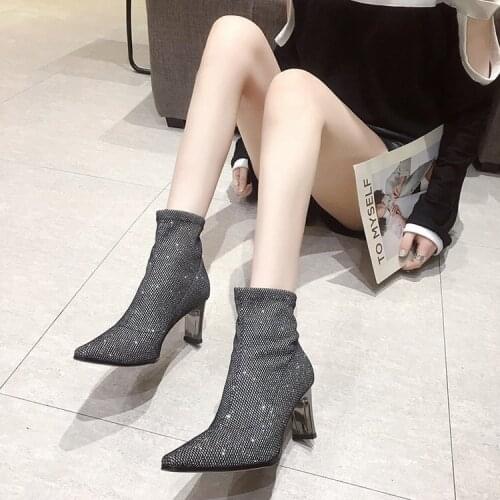 Short boots women fall/winter 2021 new pointed thick heel sexy high heels black Joker elastic thin boots women wear-resistant