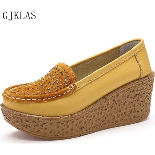 Rhinestone Genuine Leather High Heels Size 41 Platform Wedges Shoes for Women Casuales Comfortable Shoes Loafers Women Heels