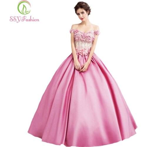 SSYFashion New Luxury Pink Satin Flower Prom Dress The Bride Sweet Appliques with Beading Evening Party Gowns Reflective Dress