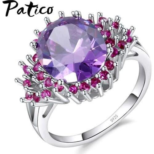 New Luxurious Crystal 925 Sterling Silver Purple Color Big Cubic Zirconia Ring Cute Jewelry Women Engagement For Party