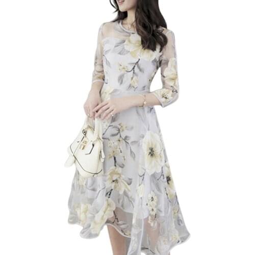 Women Dress Summer O Neck 3/4 Mesh Sleeve Floral Print Large Swing Double Layer Midi Dress Womens Clothing женское платье 2021