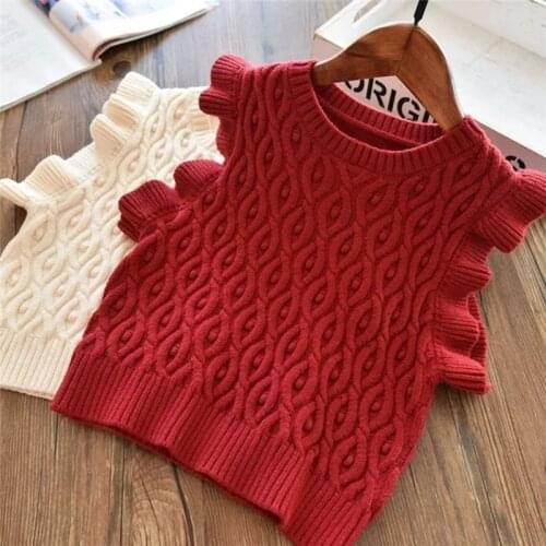 Girls Knitted Vest Coat for Childrens Warm Clothes 2021 New Baby Kids Retro Woolen Fungus Lace Jacket Waistcoat