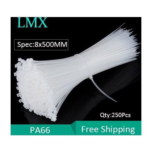 250PCS 8*500MM Self-Locking Plastic Nylon Cable Wire Black White Width 5.2mm Length 500mm Zip Ties