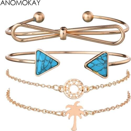 3 Pcs/Set New Design Gold Color Geometric Cuff Bracelet Set Gift Bow Coconut Tree Crystal Women Chain Link Bracelet & Bangle