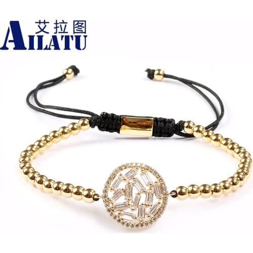 Ailatu Micro Paved Clear Cubic Zirconia Beads Coin Charm with 4mm High Quality Copper Beads Bracelet