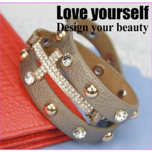 Free ship 10pcs/lot fashion Pu leather bracelet Wrapped Grey rhinestone cross leather bracelet for men