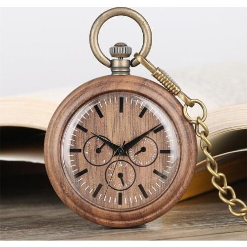 Bronze Fob Quartz Walnut Wooden Pocket Watch Decor Small Dial Pendant Pocket Timepiece Black Scale Display Natural Retro Clock